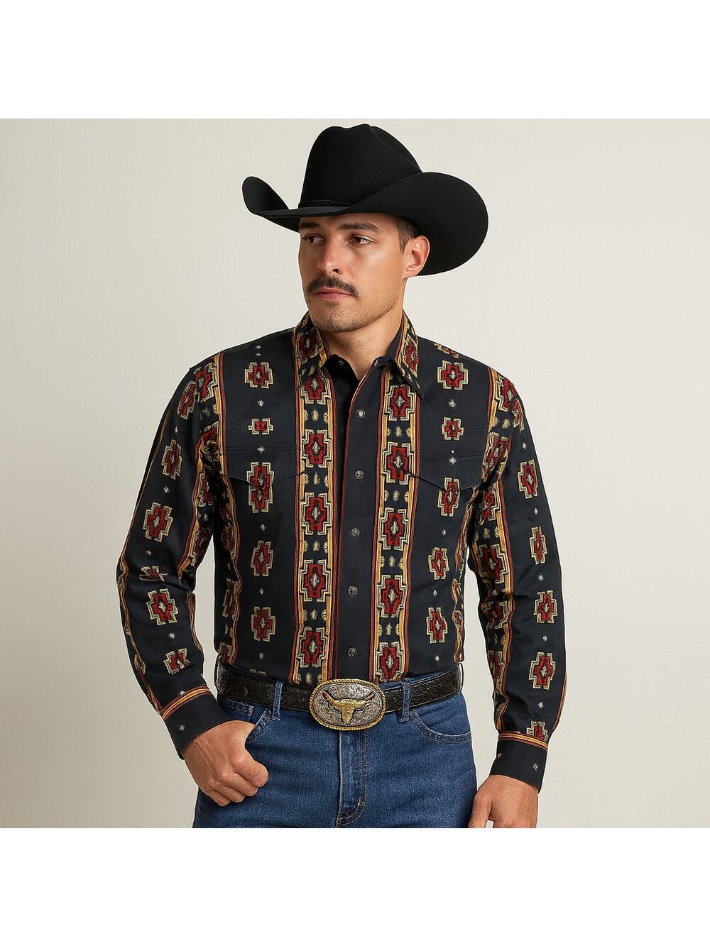 Wrangler Western Shirts VTG Men's SZ M Black Pearl Snap Shirt Black Aztec Design